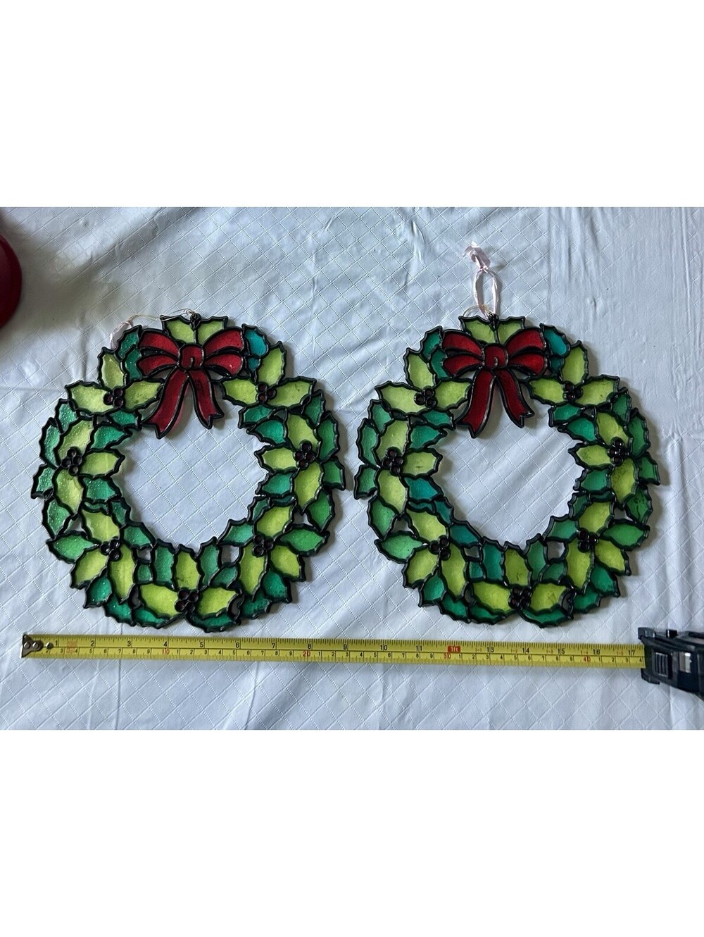 Vintage 1980s Crystalline Christmas Wreath Stain Glass Look Suncatcher